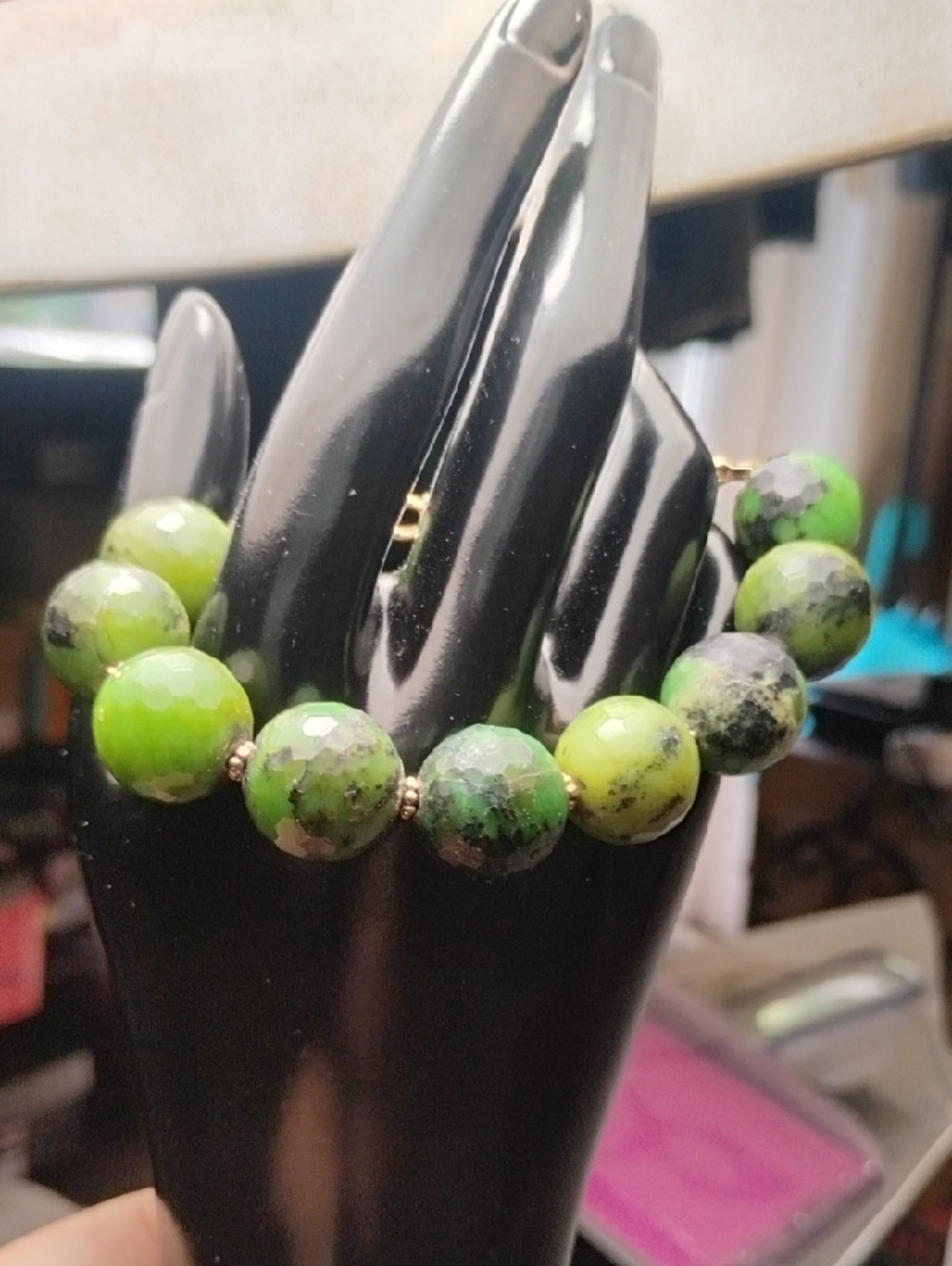 Lucas Lameth Green stone Beaded Bracelet 925 sterling 7”+ 1”extender Jade look!